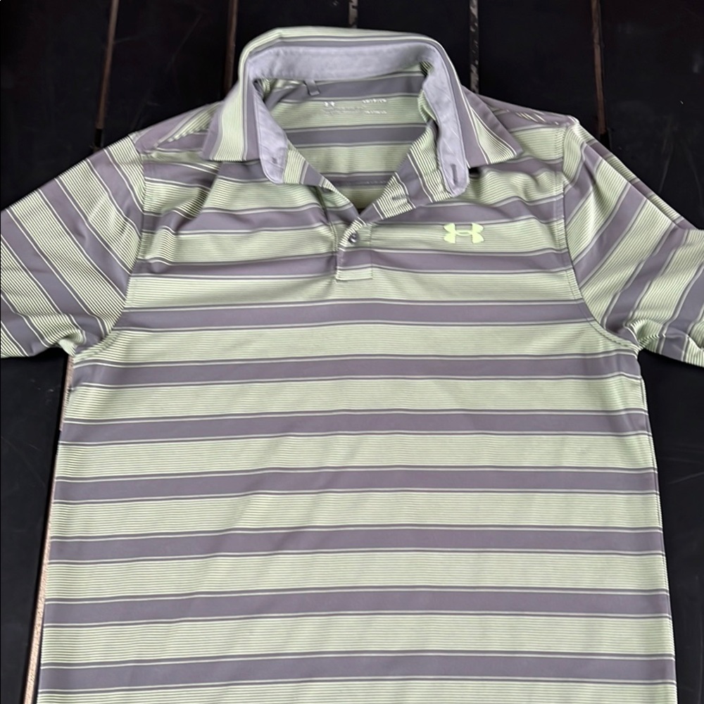 Under Armour Gray and Green Polo Shirt Sporty Striped Design